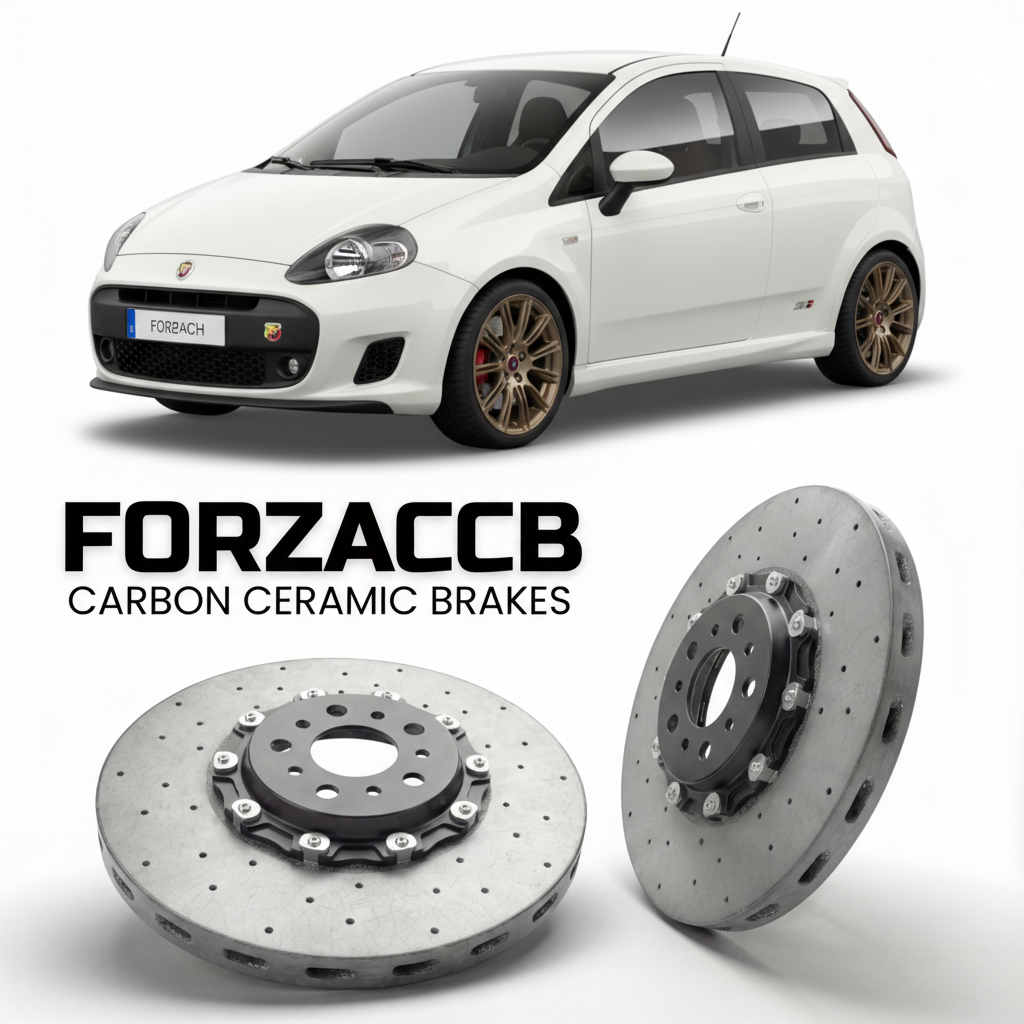 ForzaCCB direct OEM replacement carbon ceramic brake rotors for 2010-2013) Abarth Punto Evo (199 models, shown with a white Abarth Punto car.