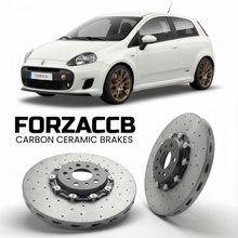 ForzaCCB direct OEM replacement carbon ceramic brake rotors for 2010-2013) Abarth Punto Evo (199 models, shown with a white Abarth Punto car.