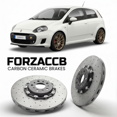 ForzaCCB direct OEM replacement carbon ceramic brake rotors for 2010-2013) Abarth Punto Evo (199 models, shown with a white Abarth Punto car.