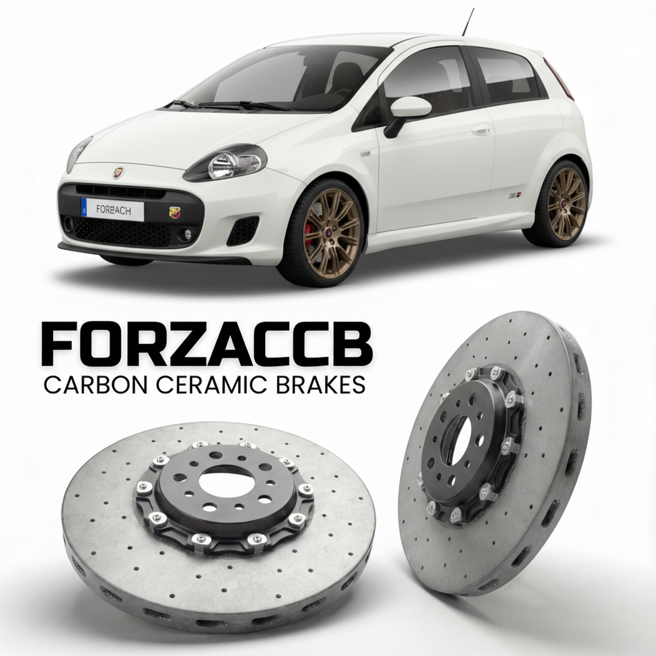 ForzaCCB direct OEM replacement carbon ceramic brake rotors for 2010-2013) Abarth Punto Evo (199 models, shown with a white Abarth Punto car.