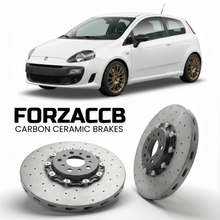 ForzaCCB direct OEM replacement carbon ceramic brake rotors for 2012 to 2014 Abarth Punto 199 models, shown with a white Abarth Punto car.