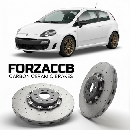 ForzaCCB direct OEM replacement carbon ceramic brake rotors for 2012 to 2014 Abarth Punto 199 models, shown with a white Abarth Punto car.