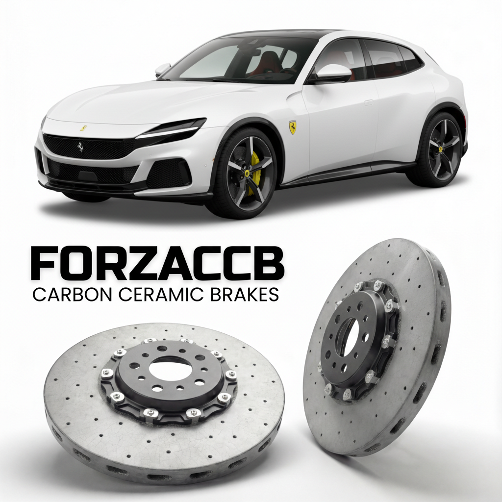 ForzaCCB direct OEM replacement carbon ceramic brake rotors for 2022 and newer Ferrari Purosangue models, shown with a white Ferrari Purosangue car.