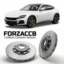 ForzaCCB direct OEM replacement carbon ceramic brake rotors for 2022 and newer Ferrari Purosangue models, shown with a white Ferrari Purosangue car.
