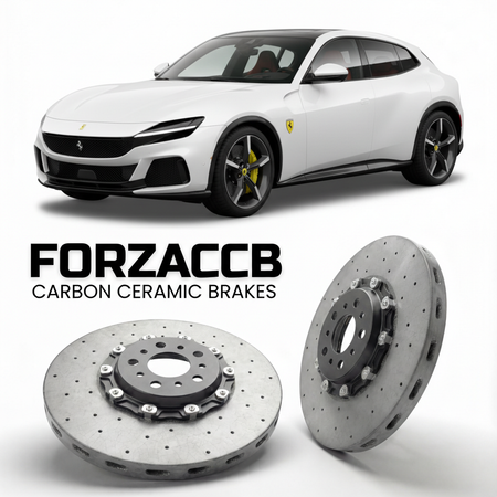 ForzaCCB direct OEM replacement carbon ceramic brake rotors for 2022 and newer Ferrari Purosangue models, shown with a white Ferrari Purosangue car.