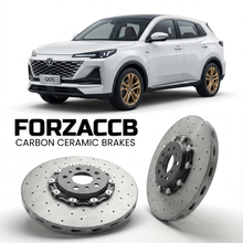 ForzaCCB direct OEM replacement carbon ceramic brake rotors for 2024 to 2025 Changan Nevo Q05 I models, shown with a white Changan Nevo Q05 car.