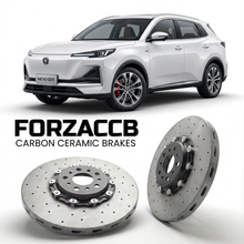 ForzaCCB direct OEM replacement carbon ceramic brake rotors for 2025 and newer Changan Nevo Q05 II models, shown with a white Changan Nevo Q05 car.
