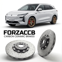 ForzaCCB direct OEM replacement carbon ceramic brake rotors for 2025 and newer Changan Nevo Q07 models, shown with a white Changan Nevo Q07 car.