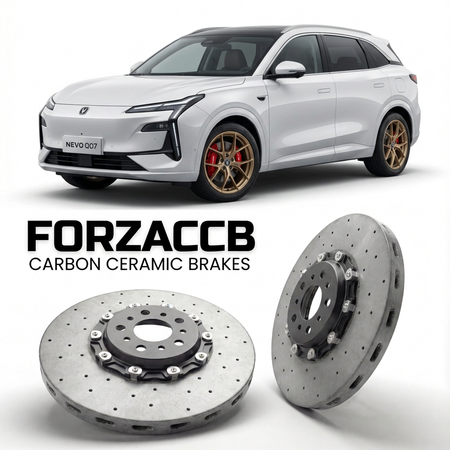 ForzaCCB direct OEM replacement carbon ceramic brake rotors for 2025 and newer Changan Nevo Q07 models, shown with a white Changan Nevo Q07 car.