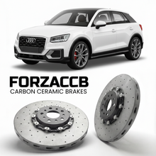 ForzaCCB direct OEM replacement carbon ceramic brake rotors for 2017 and newer Audi Q2 GA models, shown with a white Audi Q2 car.