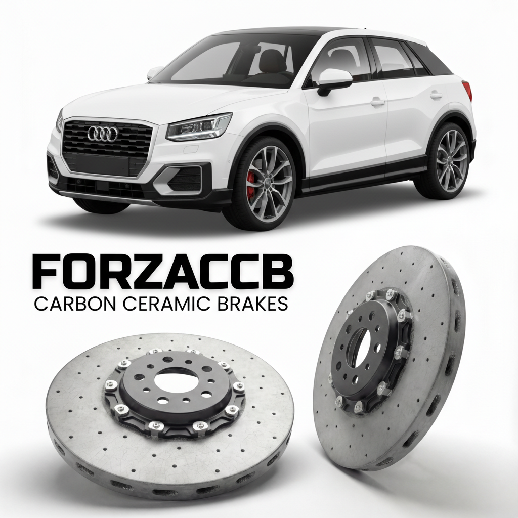 ForzaCCB direct OEM replacement carbon ceramic brake rotors for 2017 and newer Audi Q2 GA models, shown with a white Audi Q2 car.