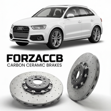 ForzaCCB direct OEM replacement carbon ceramic brake rotors for 2011 to 2018 Audi Q3 8U models, shown with a white Audi Q3 car.