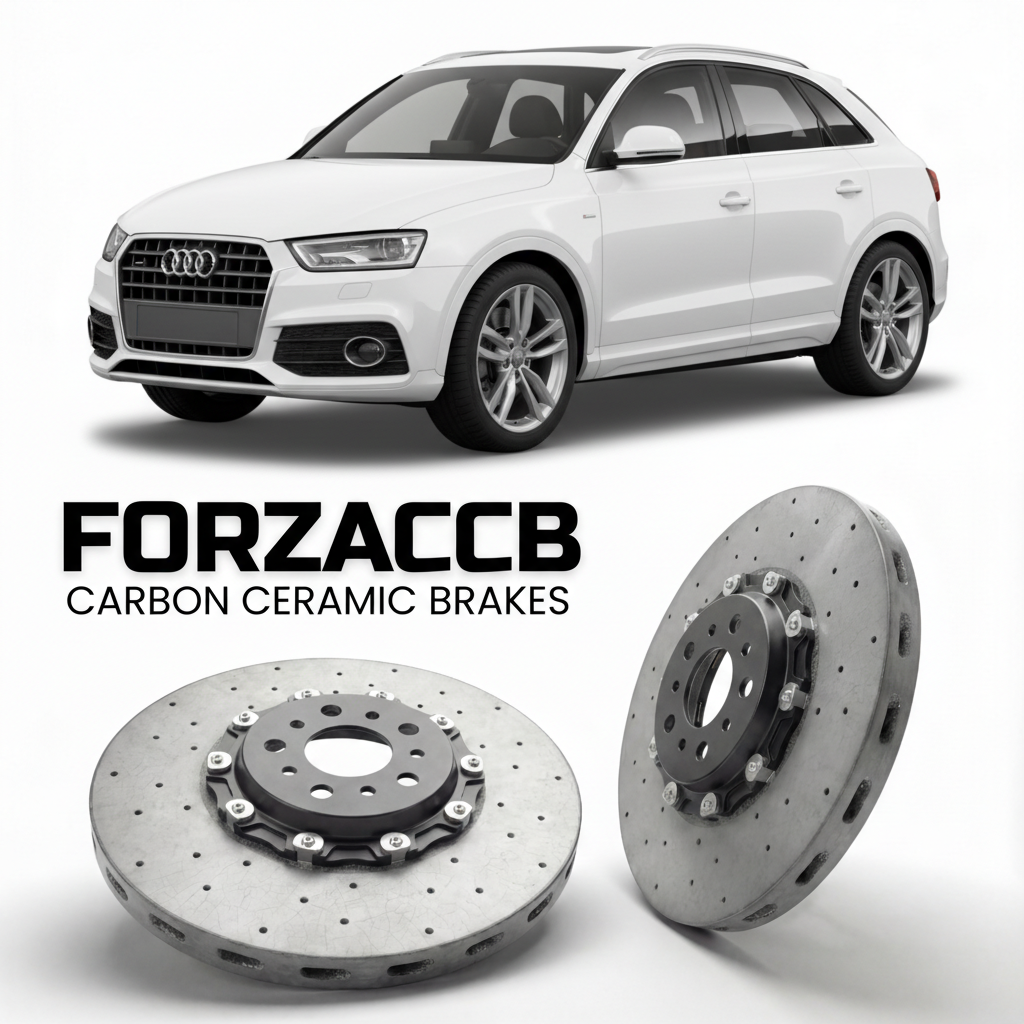 ForzaCCB direct OEM replacement carbon ceramic brake rotors for 2011 to 2018 Audi Q3 8U models, shown with a white Audi Q3 car.