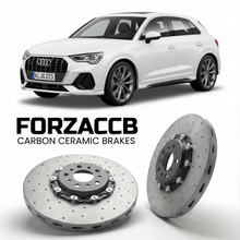 ForzaCCB direct OEM replacement carbon ceramic brake rotors for 2018 to 2025 Audi Q3 F3 models, shown with a white Audi Q3 car.