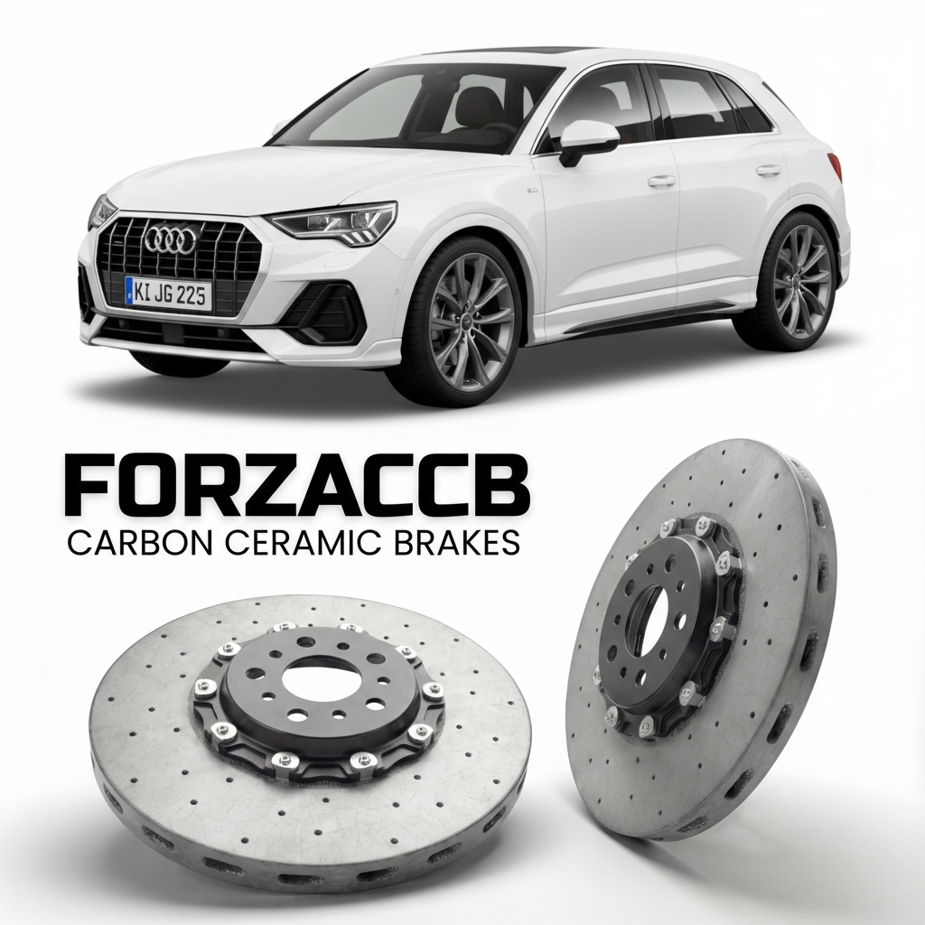 ForzaCCB direct OEM replacement carbon ceramic brake rotors for 2018 to 2025 Audi Q3 F3 models, shown with a white Audi Q3 car.