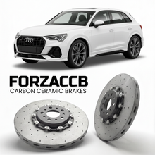 ForzaCCB direct OEM replacement carbon ceramic brake rotors for 2025 and newer Audi Q3 FJ models, shown with a white Audi Q3 car.