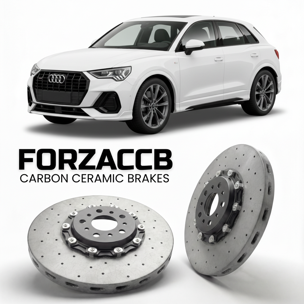 ForzaCCB direct OEM replacement carbon ceramic brake rotors for 2025 and newer Audi Q3 FJ models, shown with a white Audi Q3 car.