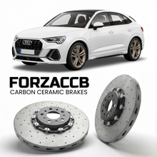 ForzaCCB direct OEM replacement carbon ceramic brake rotors for 2019 to 2025 Audi Q3 Sportback F3 models, shown with a white Audi Q3 Sportback car.