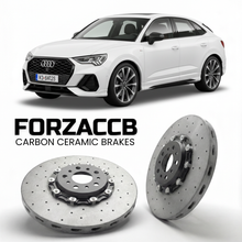 ForzaCCB direct OEM replacement carbon ceramic brake rotors for 2025 and newer Audi Q3 Sportback FJ models, shown with a white Audi Q3 Sportback car.
