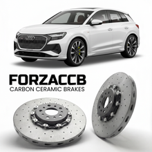 ForzaCCB direct OEM replacement carbon ceramic brake rotors for 2021 and newer Audi Q4 e-tron F4 models, shown with a white Audi Q4 e-tron car.