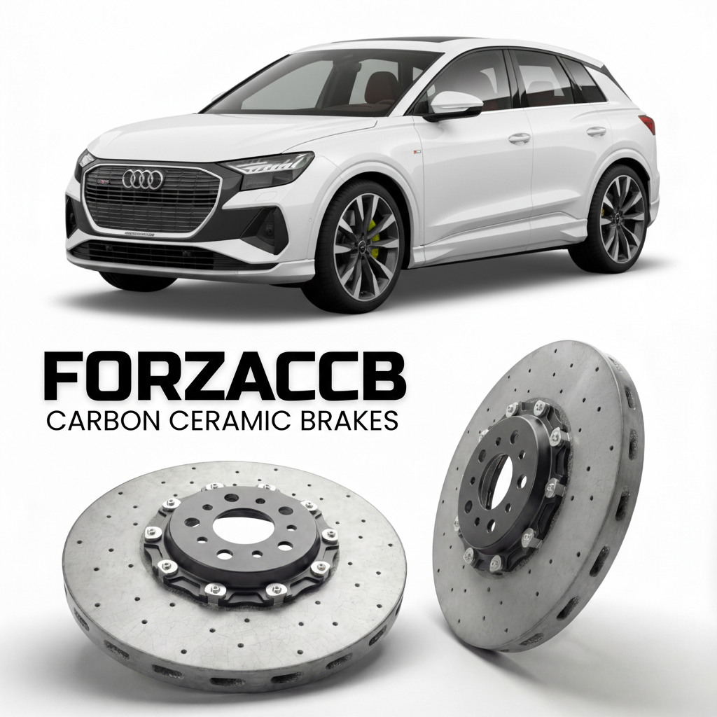 ForzaCCB direct OEM replacement carbon ceramic brake rotors for 2021 and newer Audi Q4 e-tron F4 models, shown with a white Audi Q4 e-tron car.