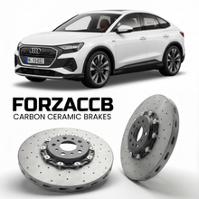 ForzaCCB direct OEM replacement carbon ceramic brake rotors for 2021 and newer Audi Q4 Sportback e-tron F4 models, shown with a white Audi Q4 Sportback e-tron car.