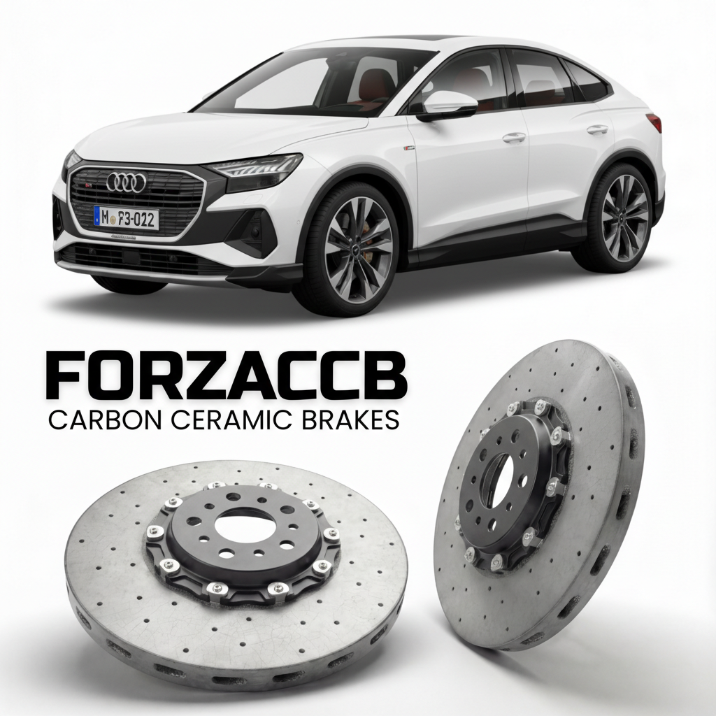 ForzaCCB direct OEM replacement carbon ceramic brake rotors for 2021 and newer Audi Q4 Sportback e-tron F4 models, shown with a white Audi Q4 Sportback e-tron car.
