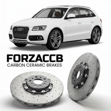ForzaCCB direct OEM replacement carbon ceramic brake rotors for 2008 to 2017 Audi Q5 8R models, shown with a white Audi Q5 car.