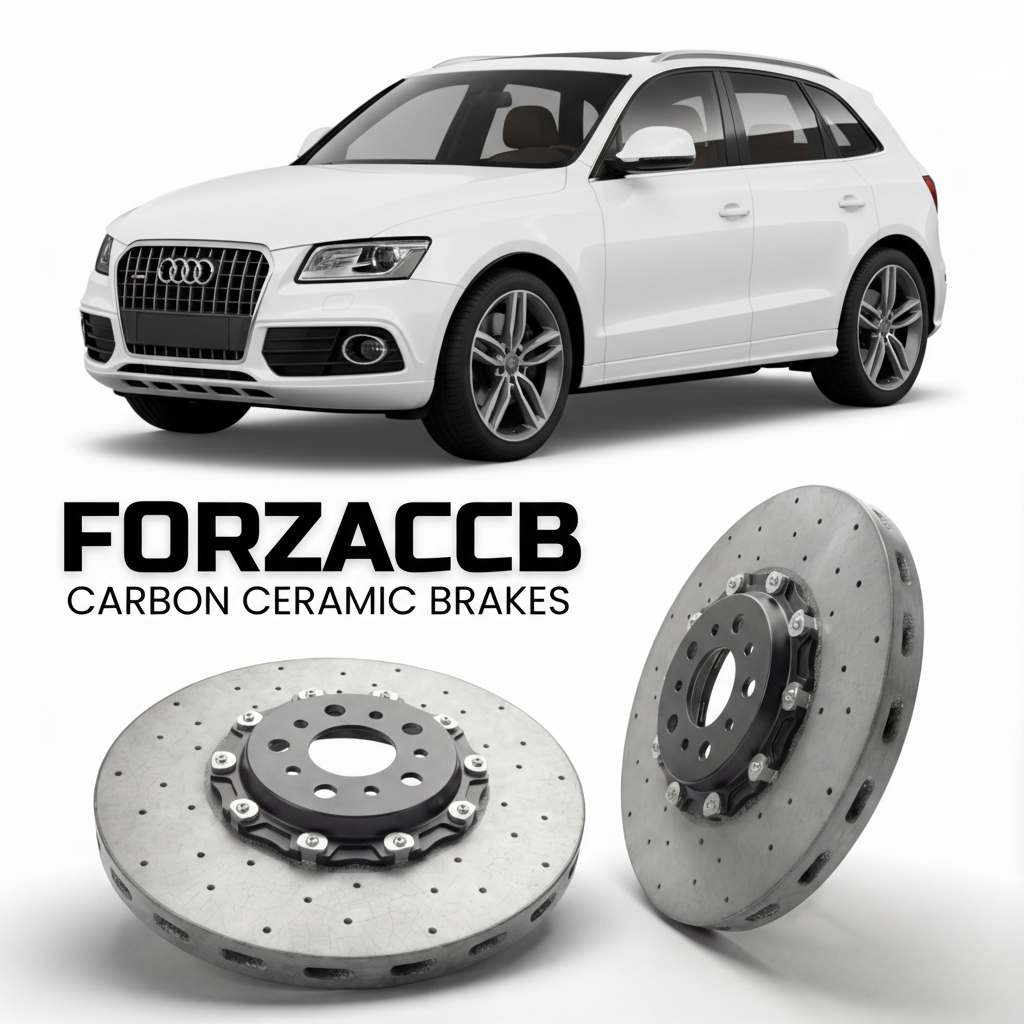 ForzaCCB direct OEM replacement carbon ceramic brake rotors for 2008 to 2017 Audi Q5 8R models, shown with a white Audi Q5 car.