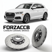 ForzaCCB direct OEM replacement carbon ceramic brake rotors for 2016 to 2024 Audi Q5 FY models, shown with a white Audi Q5 car.