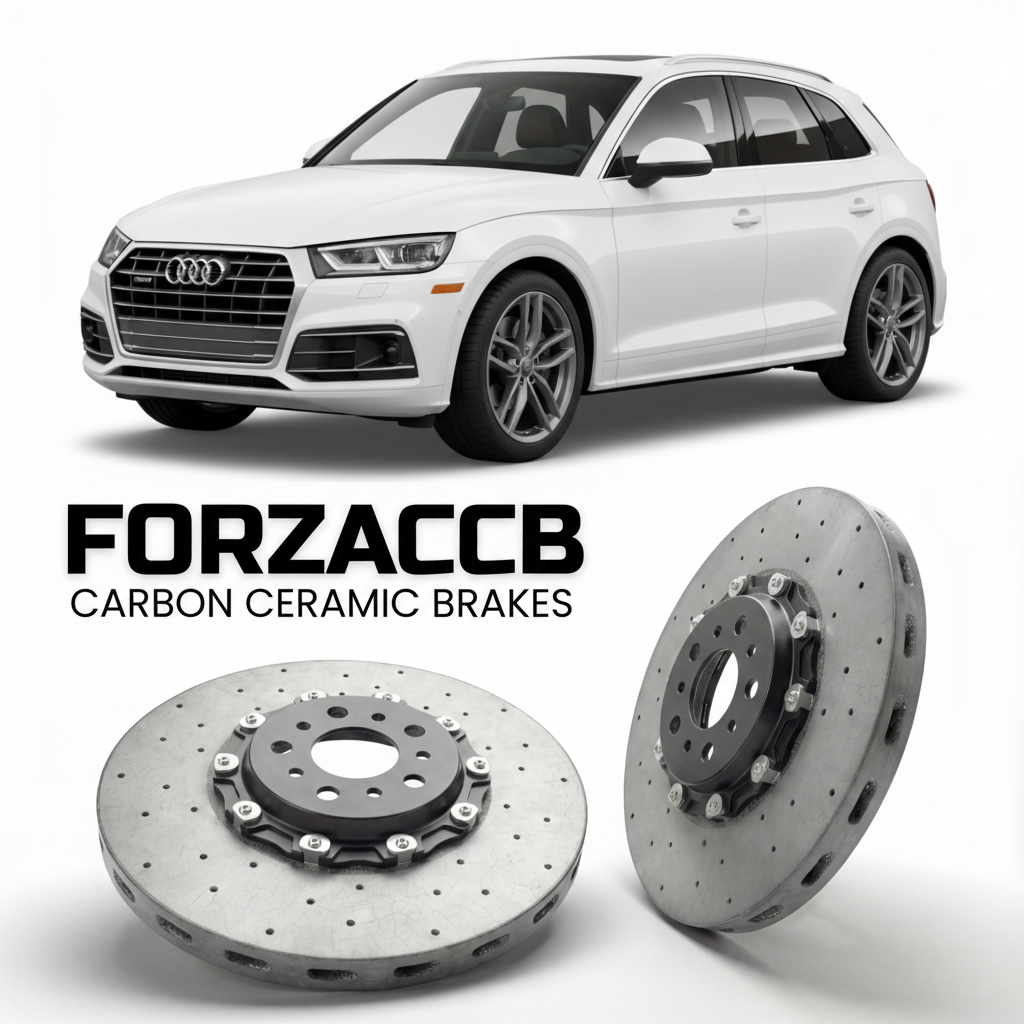 ForzaCCB direct OEM replacement carbon ceramic brake rotors for 2016 to 2024 Audi Q5 FY models, shown with a white Audi Q5 car.