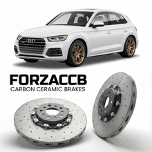 ForzaCCB direct OEM replacement carbon ceramic brake rotors for 2024 and newer Audi Q5 GU models, shown with a white Audi Q5 car.