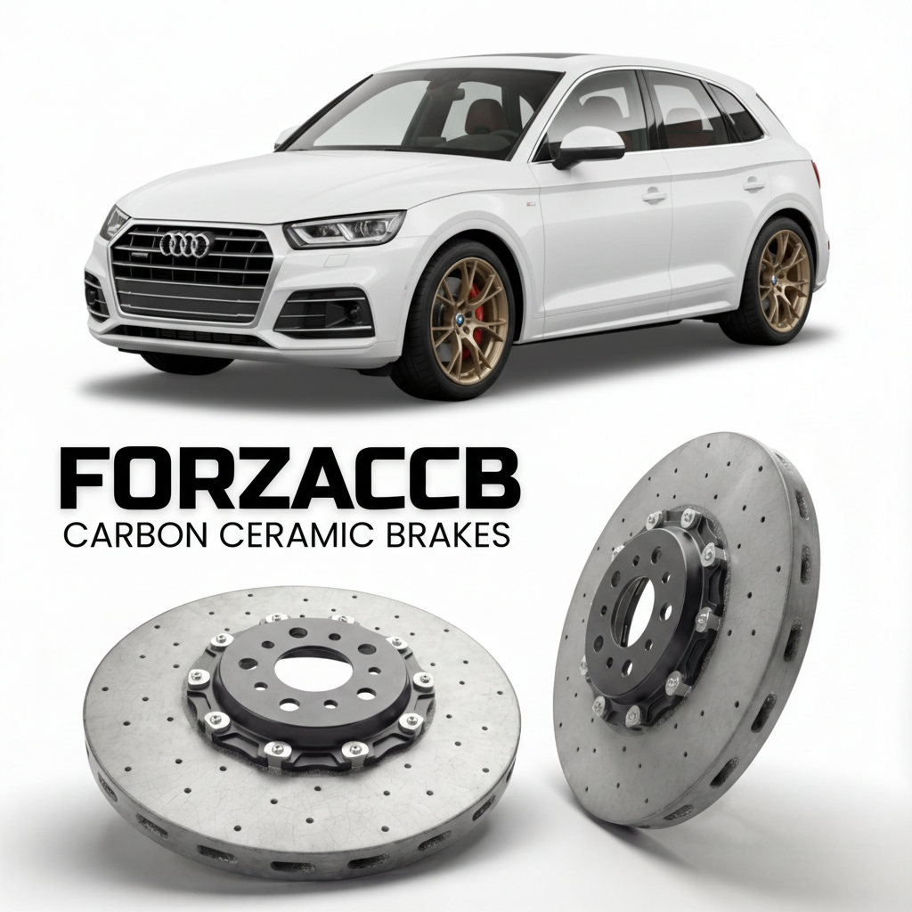 ForzaCCB direct OEM replacement carbon ceramic brake rotors for 2024 and newer Audi Q5 GU models, shown with a white Audi Q5 car.