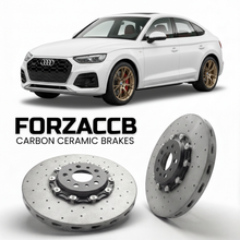ForzaCCB direct OEM replacement carbon ceramic brake rotors for 2021 to 2024 Audi Q5 Sportback FY models, shown with a white Audi Q5 Sportback car.