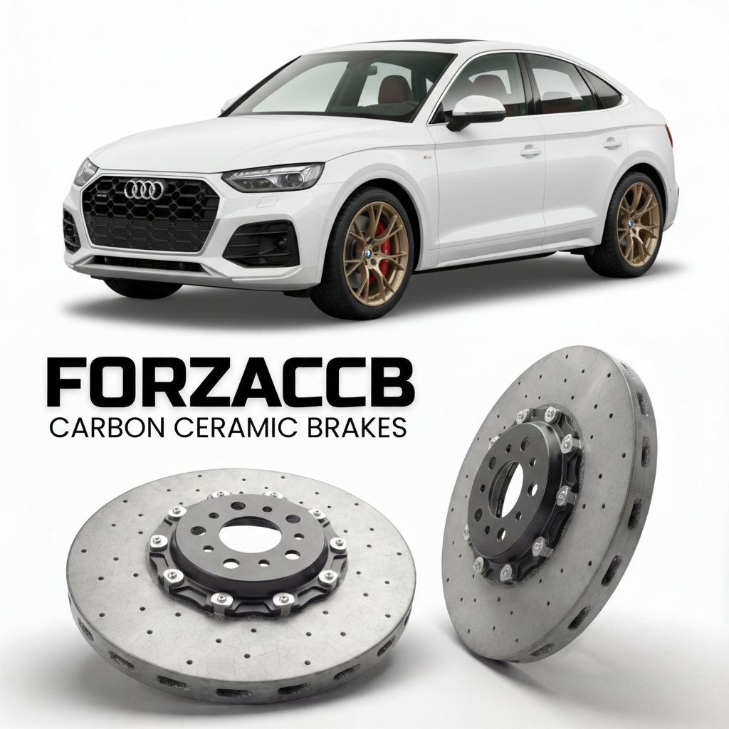 ForzaCCB direct OEM replacement carbon ceramic brake rotors for 2021 to 2024 Audi Q5 Sportback FY models, shown with a white Audi Q5 Sportback car.