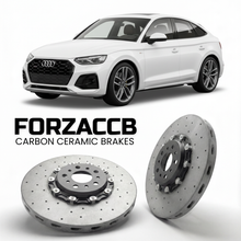 ForzaCCB direct OEM replacement carbon ceramic brake rotors for 2024 and newer Audi Q5 Sportback GU models, shown with a white Audi Q5 Sportback car.