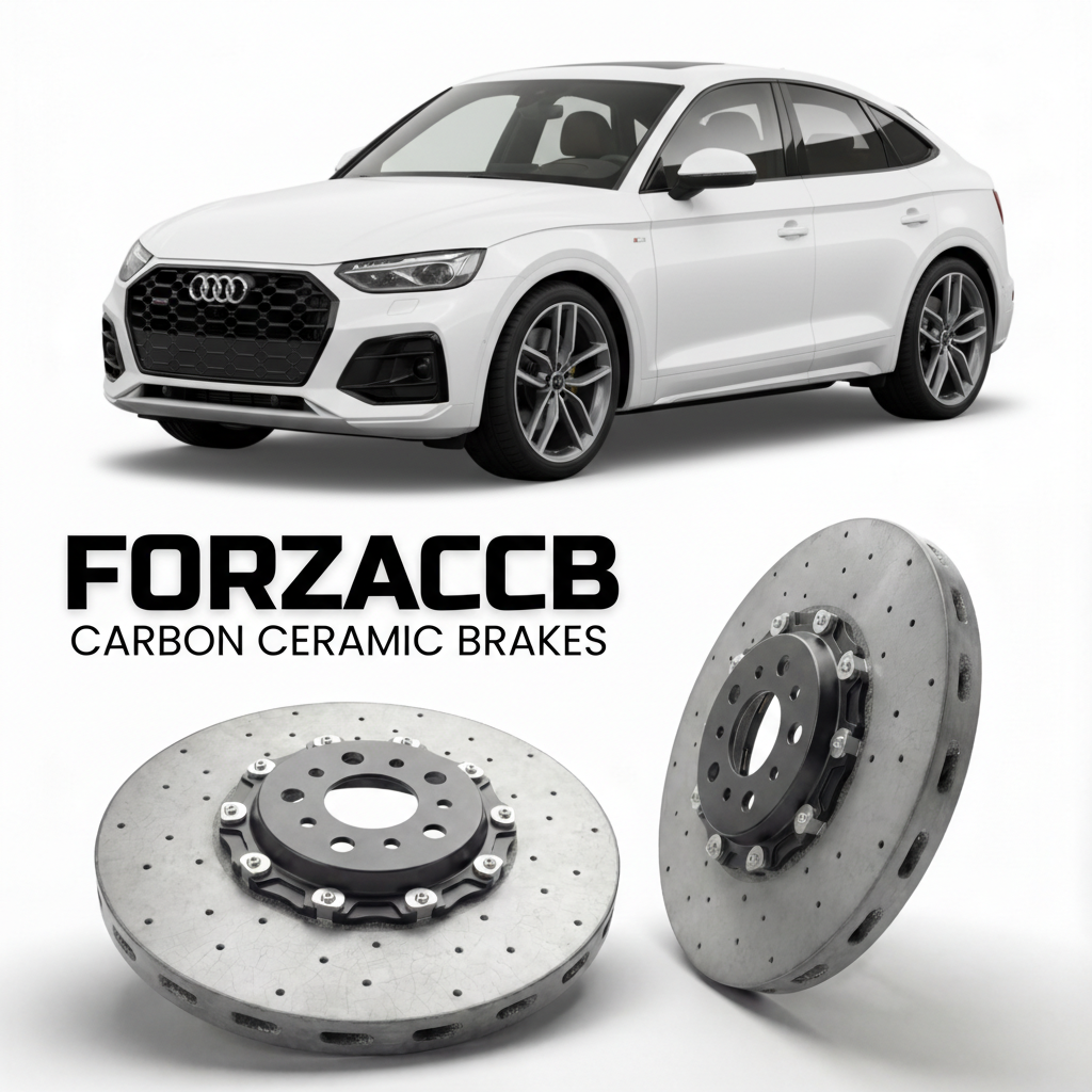 ForzaCCB direct OEM replacement carbon ceramic brake rotors for 2024 and newer Audi Q5 Sportback GU models, shown with a white Audi Q5 Sportback car.