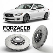 ForzaCCB direct OEM replacement carbon ceramic brake rotors for 2013 to 2024 Infiniti Q50 V37 models, shown with a white Infiniti Q50 car.