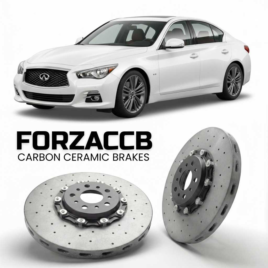ForzaCCB direct OEM replacement carbon ceramic brake rotors for 2013 to 2024 Infiniti Q50 V37 models, shown with a white Infiniti Q50 car.
