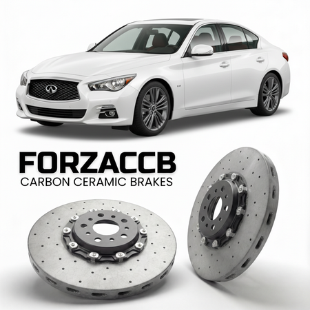 ForzaCCB direct OEM replacement carbon ceramic brake rotors for 2013 to 2024 Infiniti Q50 V37 models, shown with a white Infiniti Q50 car.