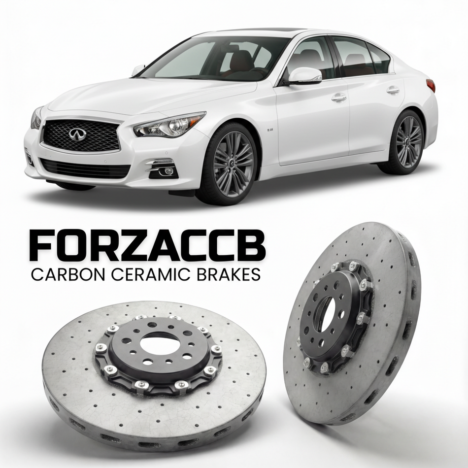 ForzaCCB direct OEM replacement carbon ceramic brake rotors for 2013 to 2024 Infiniti Q50 V37 models, shown with a white Infiniti Q50 car.