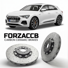ForzaCCB direct OEM replacement carbon ceramic brake rotors for 2024 and newer Audi Q6 e-tron GF models, shown with a white Audi Q6 e-tron car.