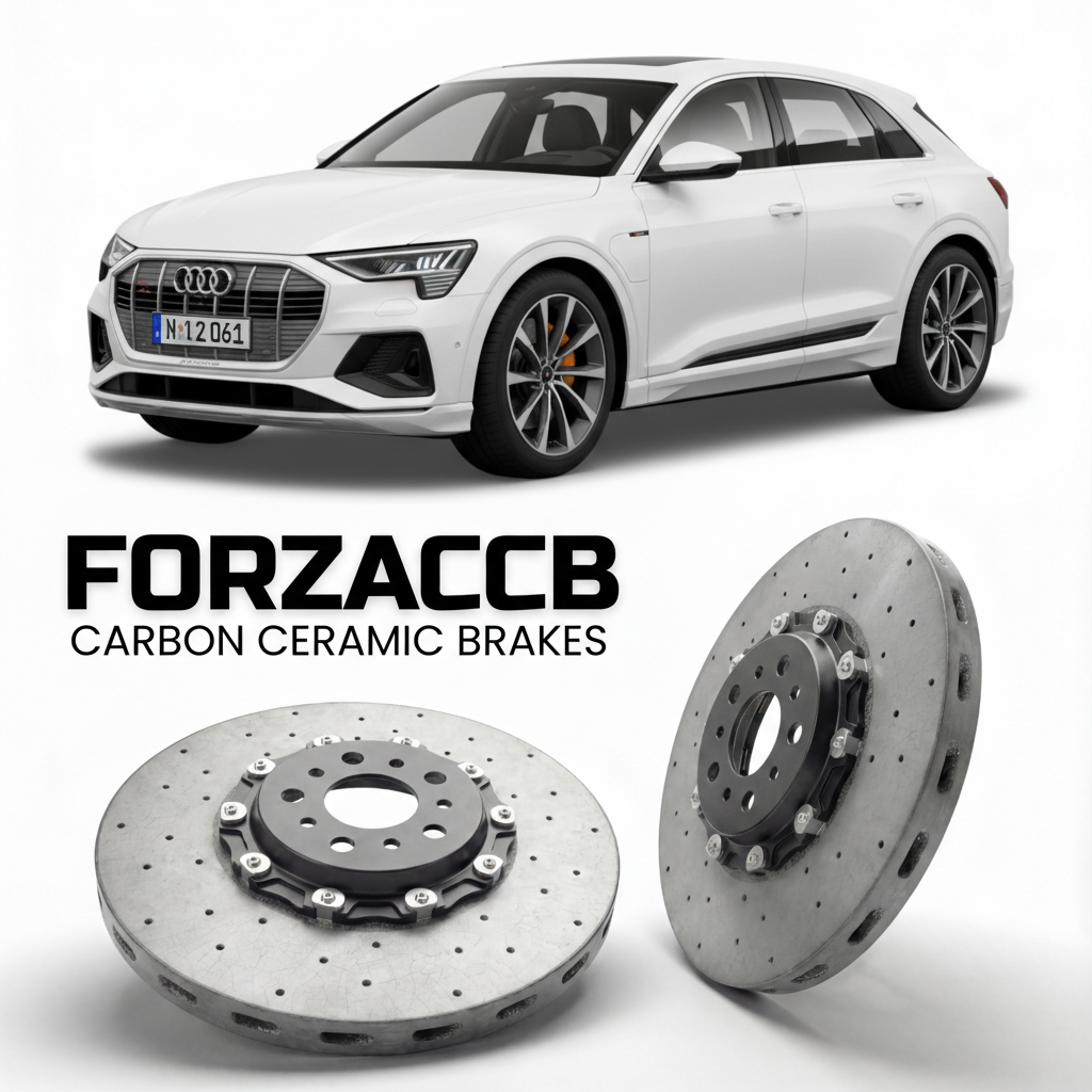 ForzaCCB direct OEM replacement carbon ceramic brake rotors for 2024 and newer Audi Q6 e-tron GF models, shown with a white Audi Q6 e-tron car.