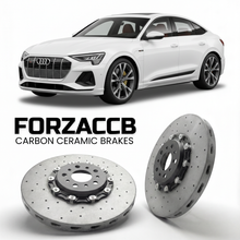 ForzaCCB direct OEM replacement carbon ceramic brake rotors for 2024 and newer Audi Q6 Sportback e-tron GF models, shown with a white Audi Q6 Sportback e-tron car.