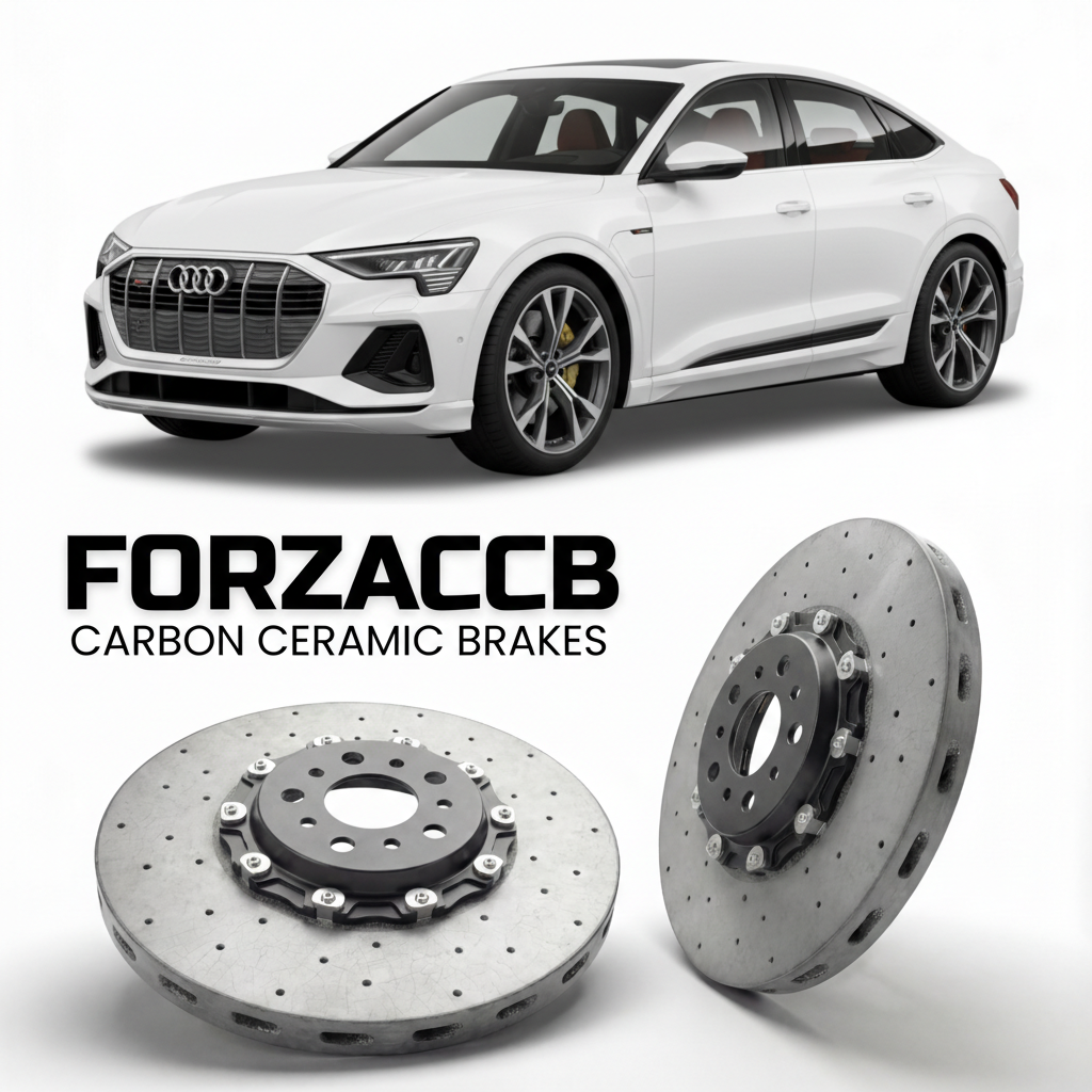 ForzaCCB direct OEM replacement carbon ceramic brake rotors for 2024 and newer Audi Q6 Sportback e-tron GF models, shown with a white Audi Q6 Sportback e-tron car.