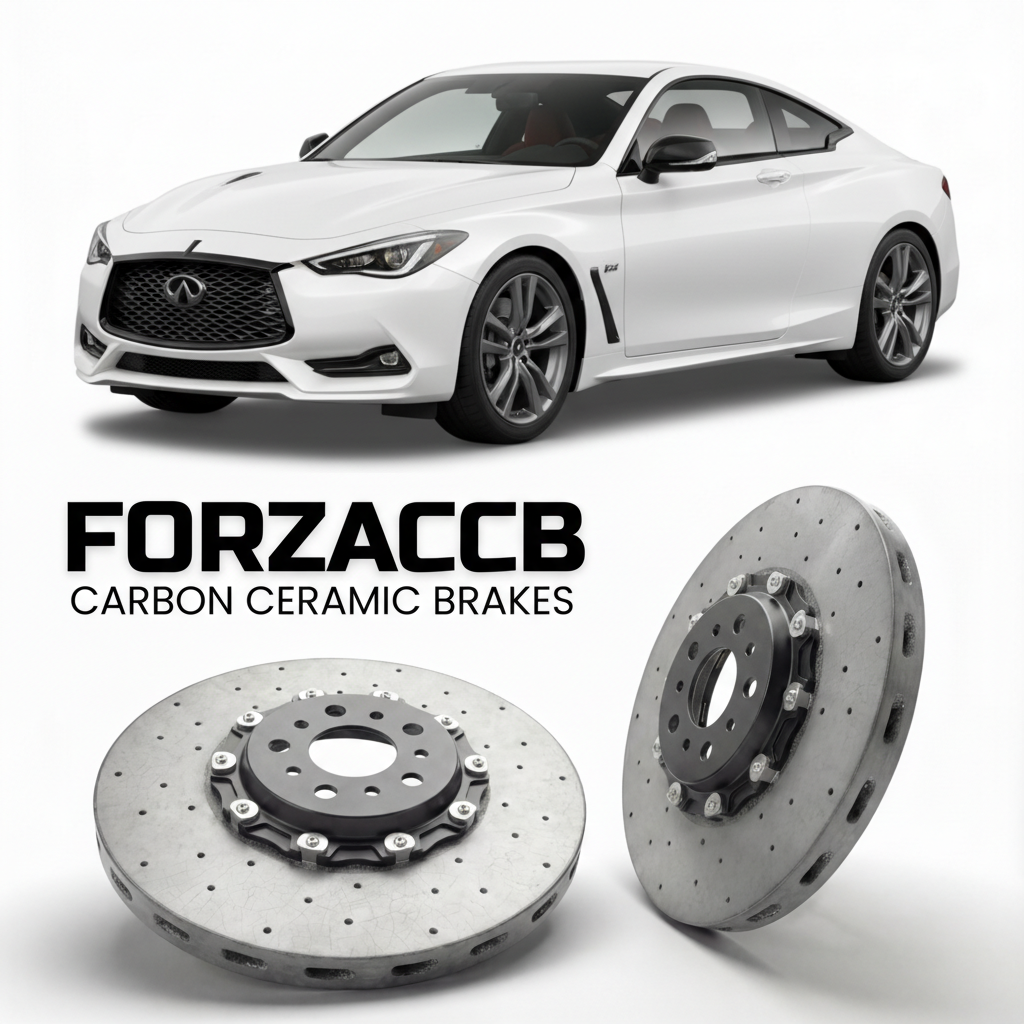 ForzaCCB direct OEM replacement carbon ceramic brake rotors for 2017 to 2022 Infiniti Q60 V37 models, shown with a white Infiniti Q60 car.