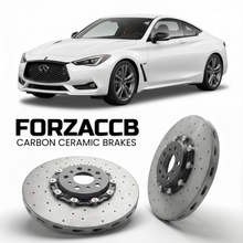 ForzaCCB direct OEM replacement carbon ceramic brake rotors for 2017 to 2022 Infiniti Q60 V37 models, shown with a white Infiniti Q60 car.