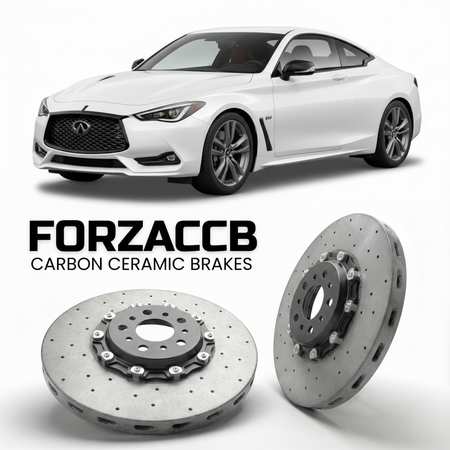 ForzaCCB direct OEM replacement carbon ceramic brake rotors for 2017 to 2022 Infiniti Q60 V37 models, shown with a white Infiniti Q60 car.