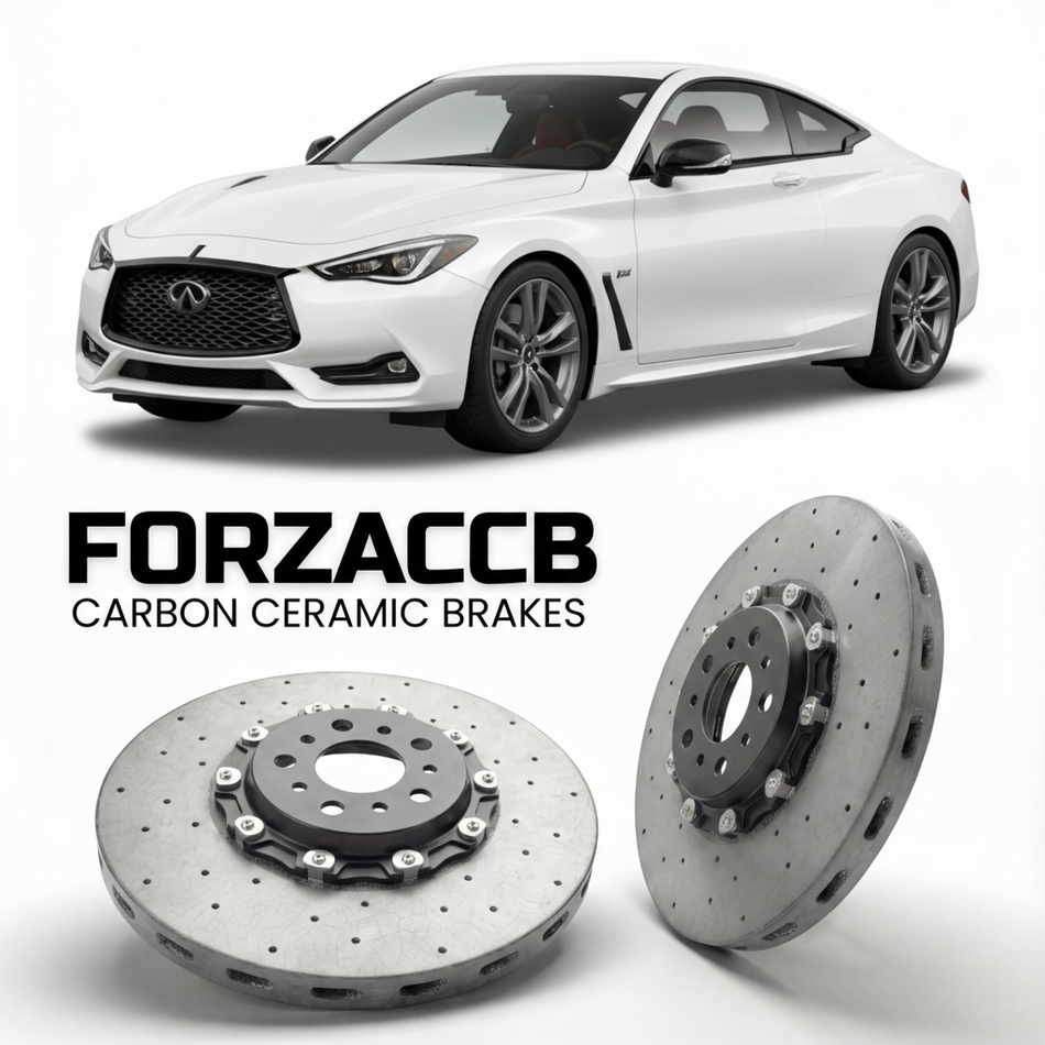 ForzaCCB direct OEM replacement carbon ceramic brake rotors for 2017 to 2022 Infiniti Q60 V37 models, shown with a white Infiniti Q60 car.