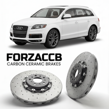 ForzaCCB direct OEM replacement carbon ceramic brake rotors for 2005 to 2015 Audi Q7 4L models, shown with a white Audi Q7 car.